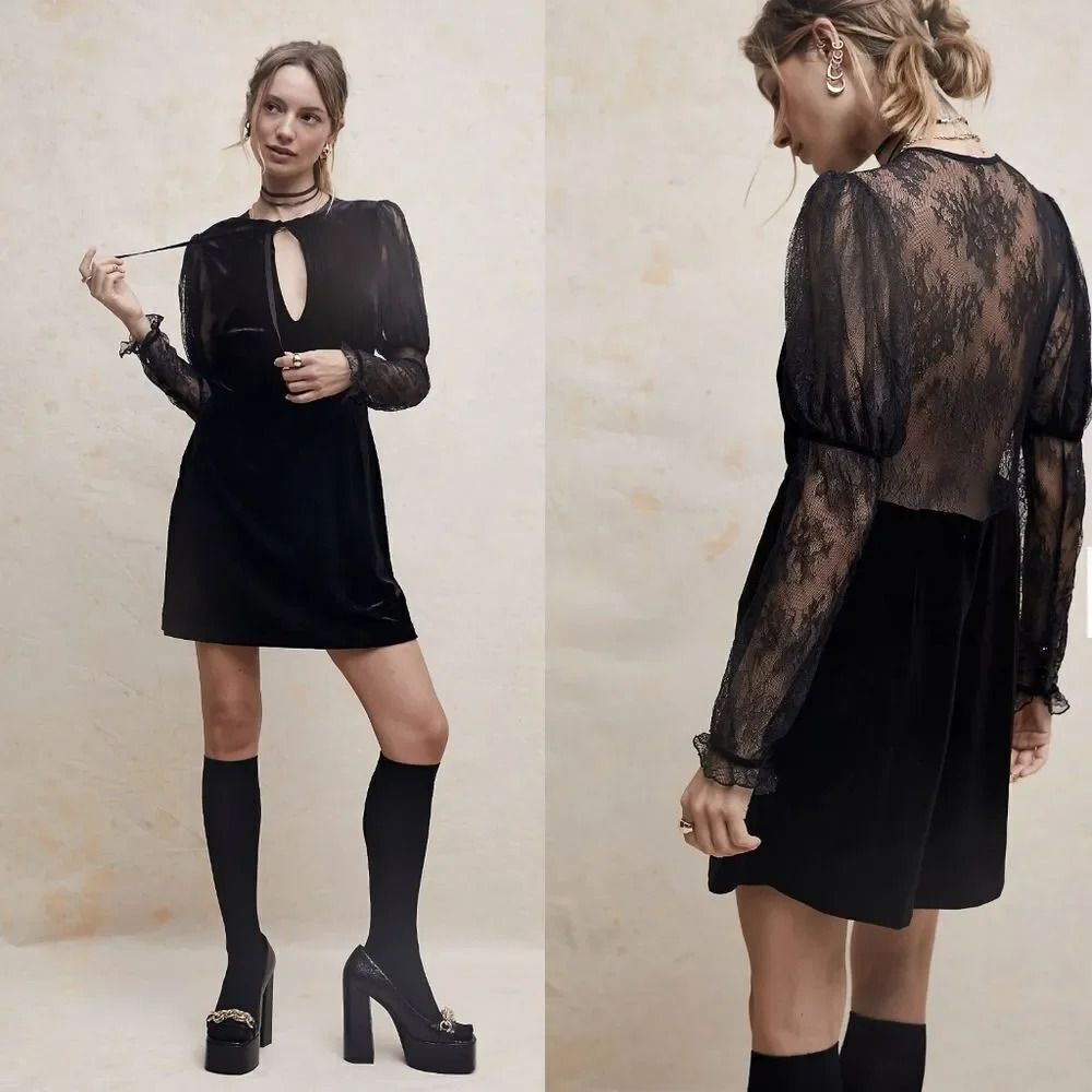 Free People Midnight Hour Black Velvet Lace Mini Dress XS